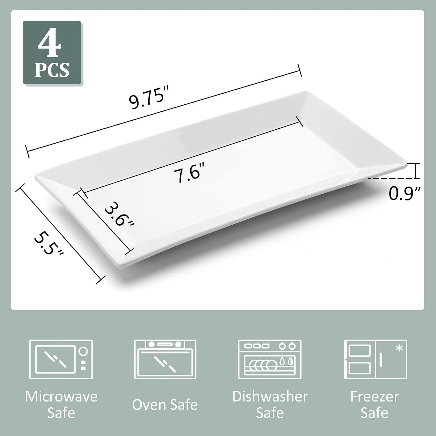 Yedio Porcelain Rectangular Dinner Platters, 9.75 Inch Rectangular Serving Platters for Sushi, Snacks, Cake, Meat, Appetizer Platters-Set of 4, White