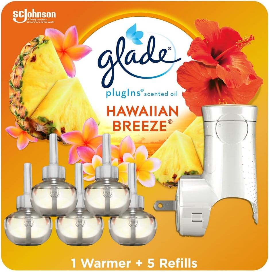 PlugIns Refills Air Freshener Starter Kit, Scented and Essential Oils for Home and Bathroom, Hawaiian Breeze 3.35 Fl Oz, 1 Warmer + 5 Refills