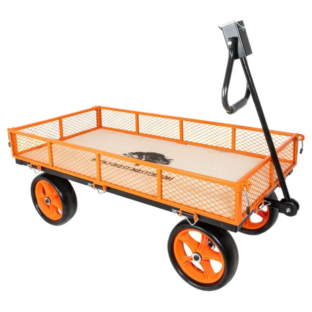 Forest Master FM-CART - Carro de jardín resistente, carrito utilitario todo terreno con lados de malla plegables y ruedas de poliuretano, carro plano para jardinería, bricolaje, paisajismo y uso en