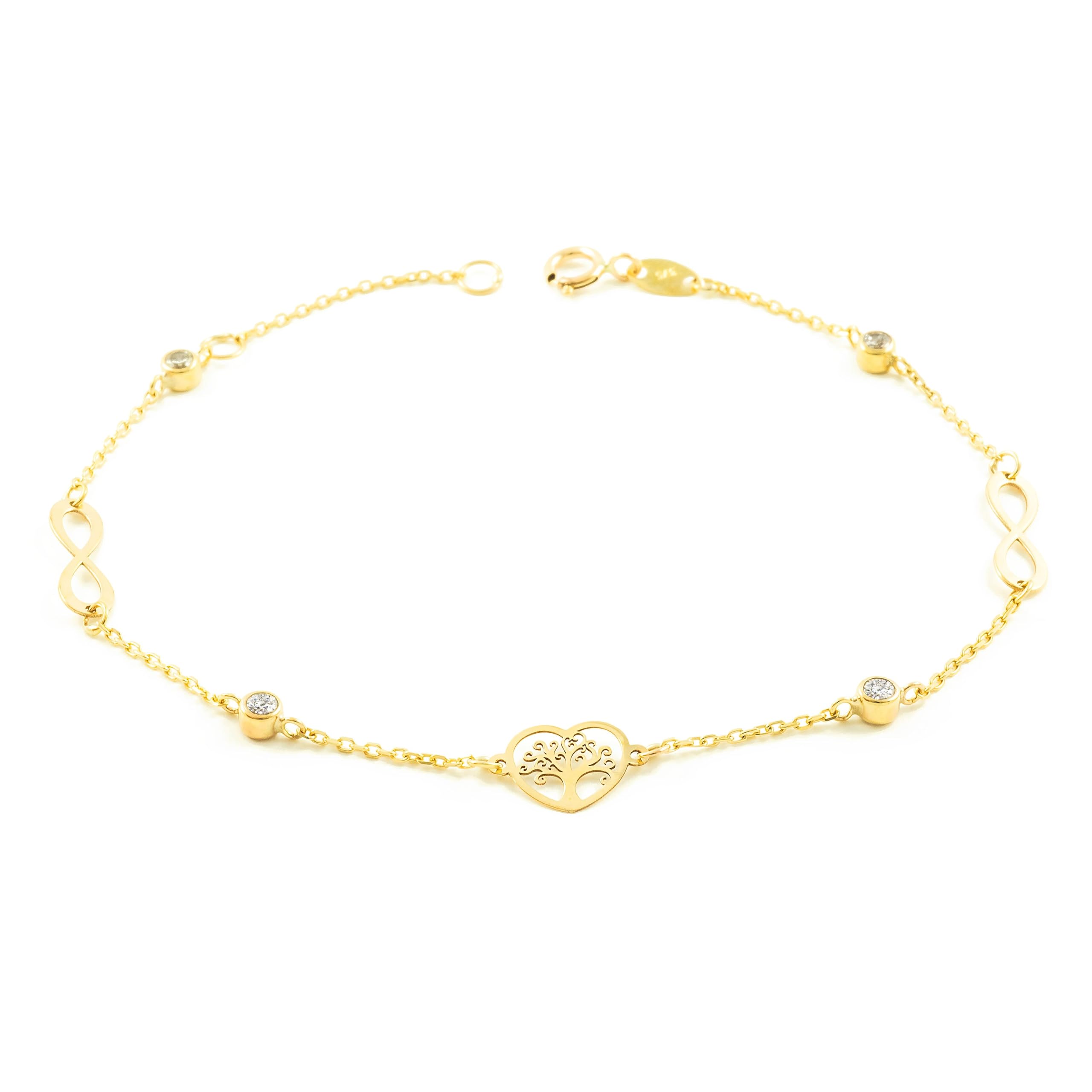 Monde Petit - Bracciale Donna Ragazza Oro Giallo 9K Albero della Vita Circonita Brillante 18 cm - Scatola Regalo - Certificato di garanzia