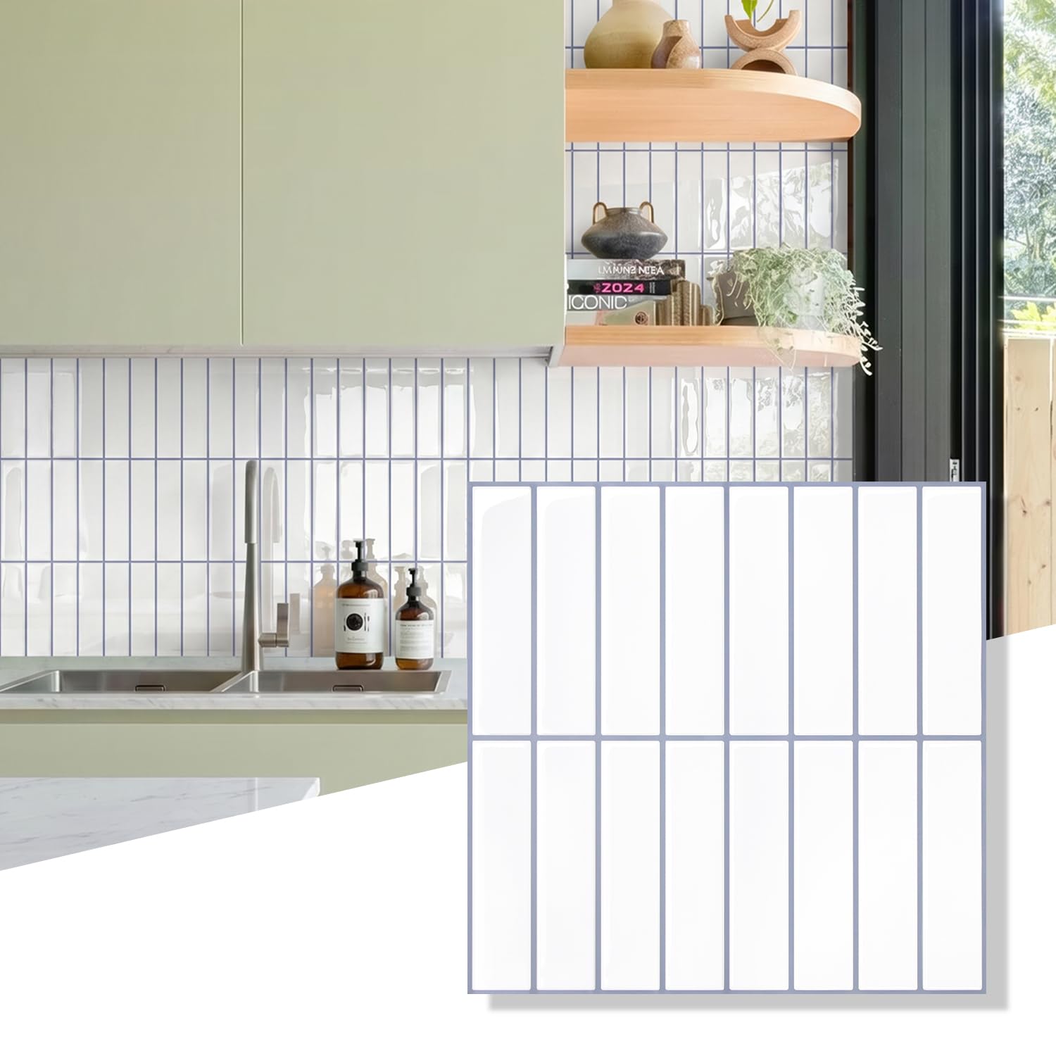 Commomy Peel and Stick Backsplash Tile - 10 Pcs of 12'' x 12'' Vertical 3D Stick on Tiles for Kitchen and Bathroom Interior Wall Tile, White (Glossy