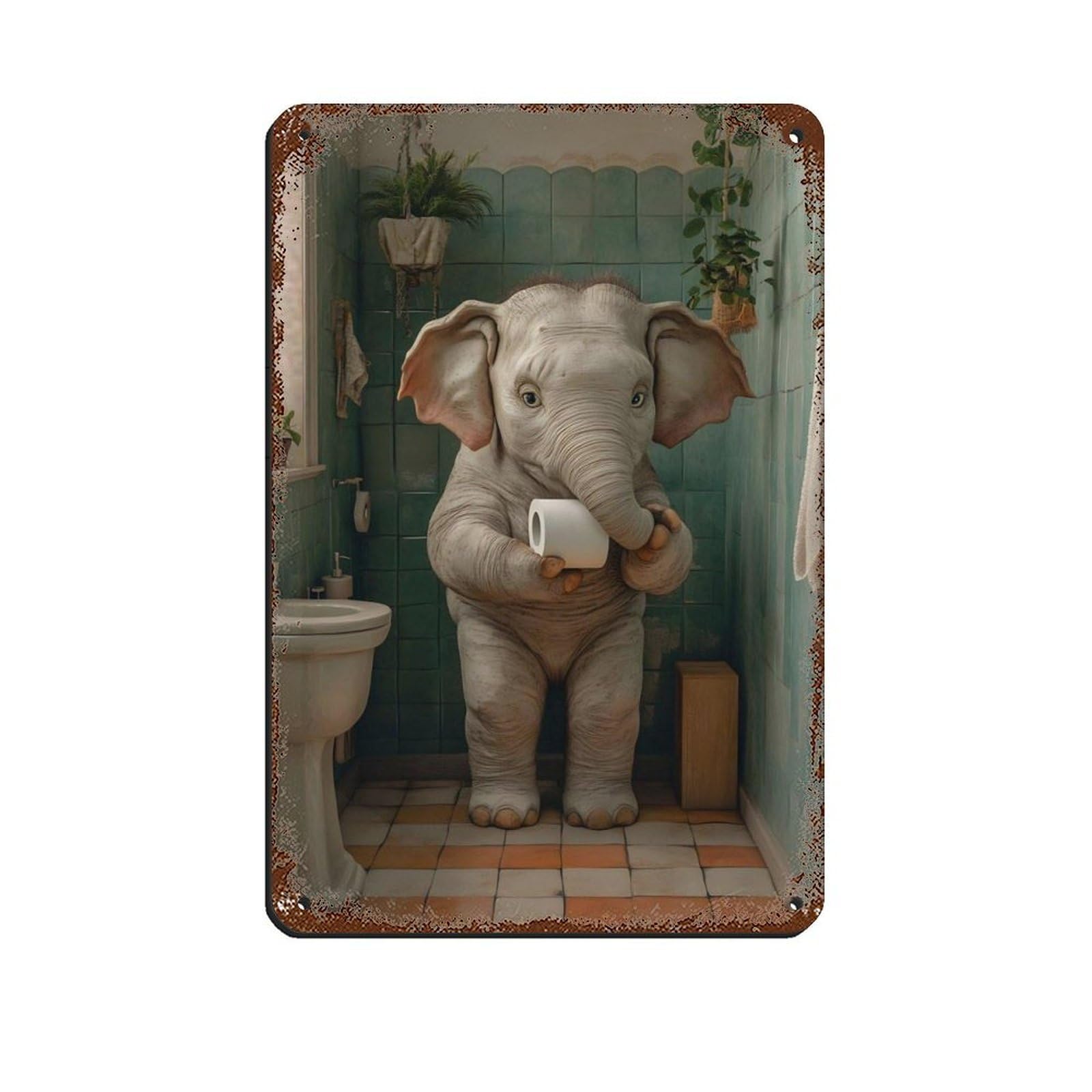 Cute Elephant Bathroom, Quirky Animal Decor Tin Sign Vintage Metal Pub Club Cafe Bar Home Wall Art Decoration Poster Retro 8x12inch(20x30cm)