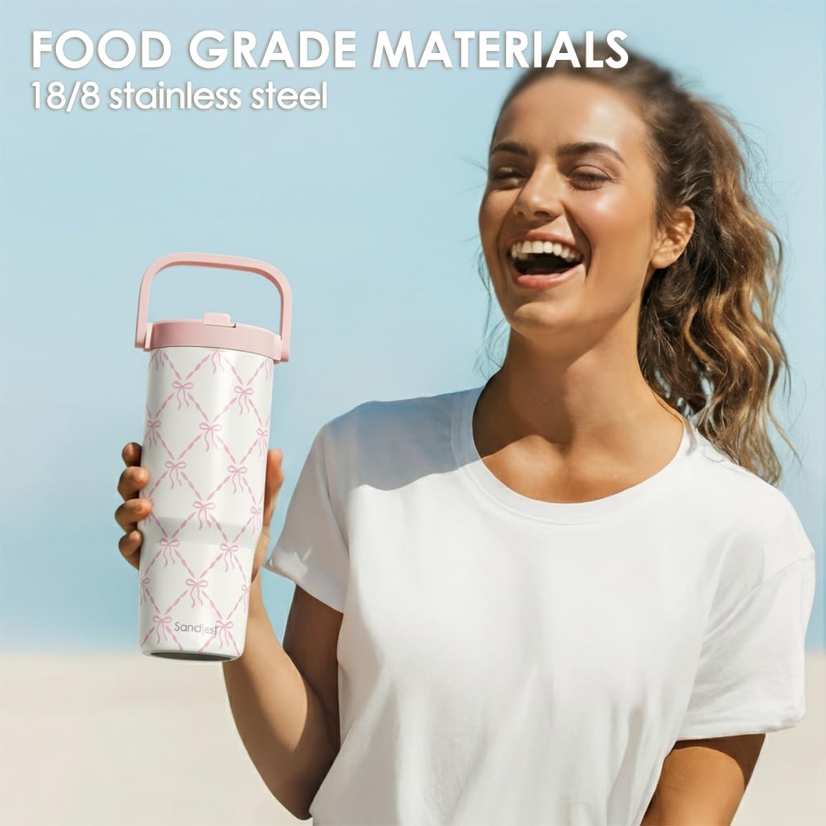 SANDJEST Bow Stainless Steel Straw Lid Tumbler 30oz with Carry Handle for Women Girls, Insulated Travel Coffee Cup, Gift for Sports Outdoor Workout Christmas Birthday - Image 6