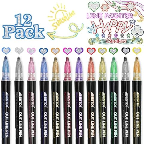 12Colors Shimmer Markers, Super Squiggles Outline Markers, Outline Markers Self-outline Metallic Markers, Shimmer Markers for Painting Drawing Gift Cards Cover