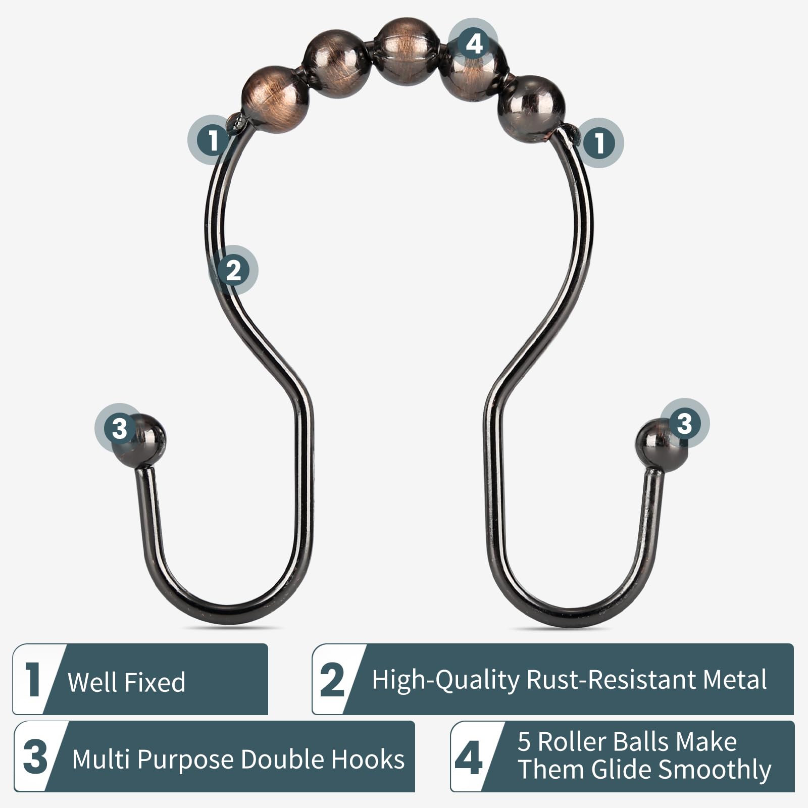OEH – Lot de 12 crochets de rideau de douche en bronze antirouille, anneaux de rideau de douche en métal antirouille, doubles crochets pour rideau de douche, bronze