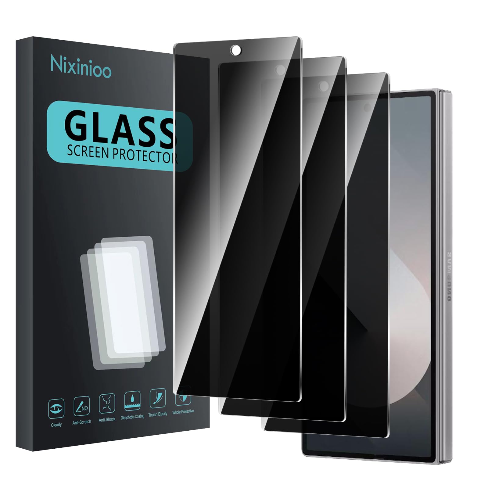 3-pak ochraniaczy ekranu do Samsung Galaxy Z Fold 6, hartowane szkło antyszpiegowskie, twardość 9H, czarny ochraniacz antyszpiegowski, bez pęcherzyków powietrza, odporny na zarysowania