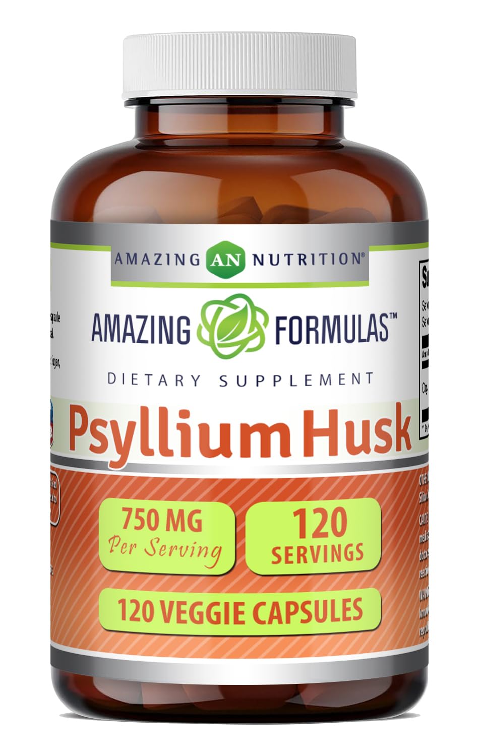 Amazing Formulas Psyllium Husk 750mg Veggie Capsules Supplement | Non-GMO | Gluten Free | Made in USA | Suitable for Vegetarians (120 Count)