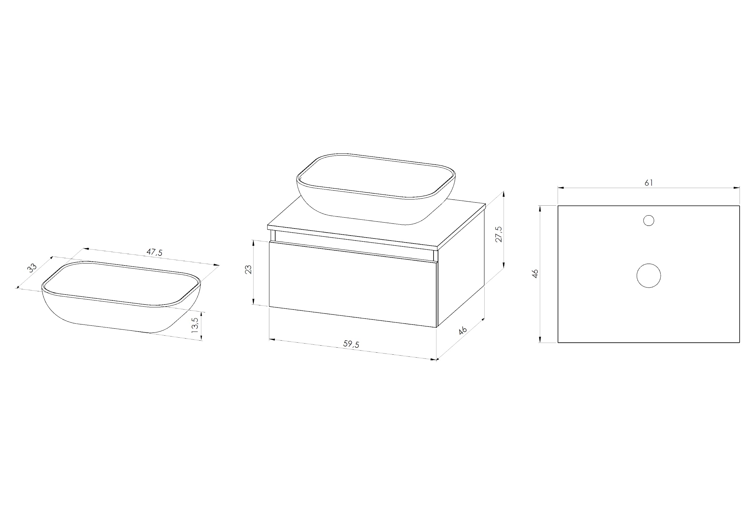 BELLOBATH - Mueble Baño Suspendido con Lavabo de Cerámica, Mueble Baño con Lavabo Montado con 1 Cajón, 60 x 27 x 46 cm, Mueble Blanco y Tapa Roble