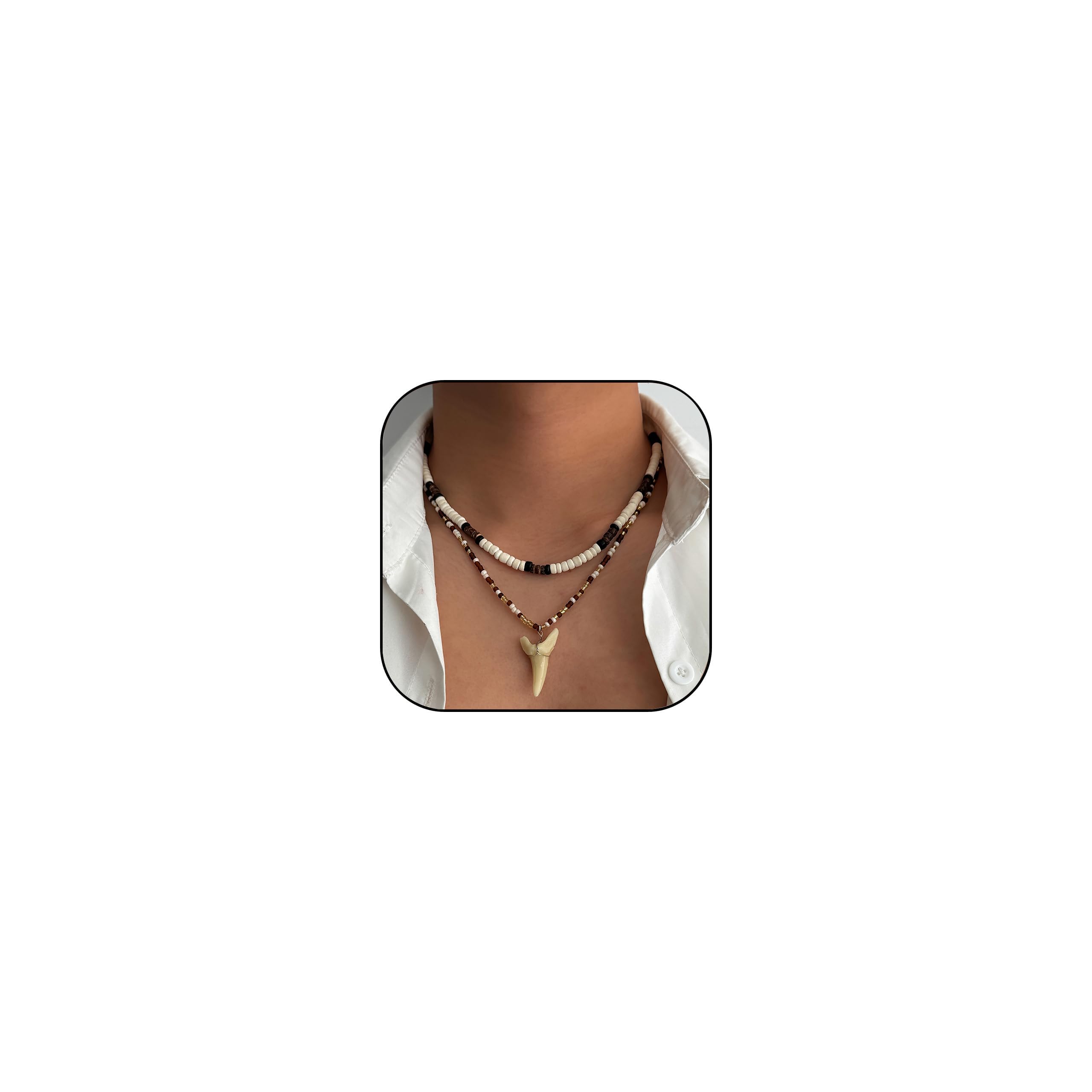 Collana con Conchiglia Puka per Uomo Collana con Dente di squalo stratificato Ciprea Collane con Perline in Legno Marrone Nero Collane con Conchiglie di Cocco Regalo di Gioielli da Spiaggia Estiva