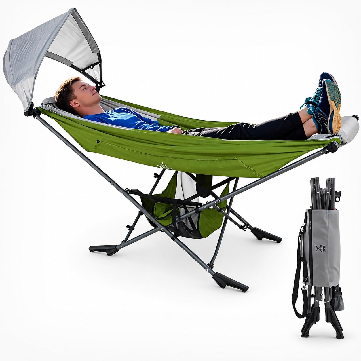 LET'S CAMP Hängematte mit Gestell, Mock ONE® freistehende Garten-Hängeliege mit UPF 50+ Sonnendach, 210T Fallschirmnylon, Stahlrahmen bis 113kg, klappbar & tragbar für Garten/Balkon/Terrasse/Camping
