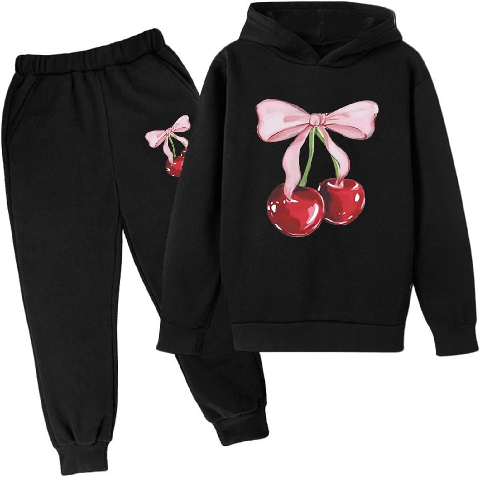 Clothing Set Kids Girls Age 3-14 Years Bow Cherry Tracksuit Sets for Teens Girls Hooded Sweatshirt and Jogger Sweatpants Winter Cute Stretchy Comfy School Casual Sports