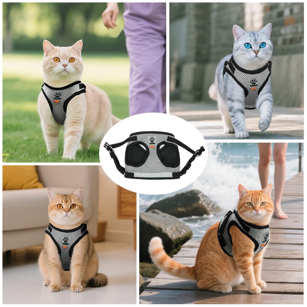 AUYAO Pettorina per Gatti– Set Antifuga Regolabile e Traspirante per Gatti Piccoli/Medi, Design Riflettente per Passeggiate Notturne, Comfortevole e Sicuro (Grigio-Nero, S)