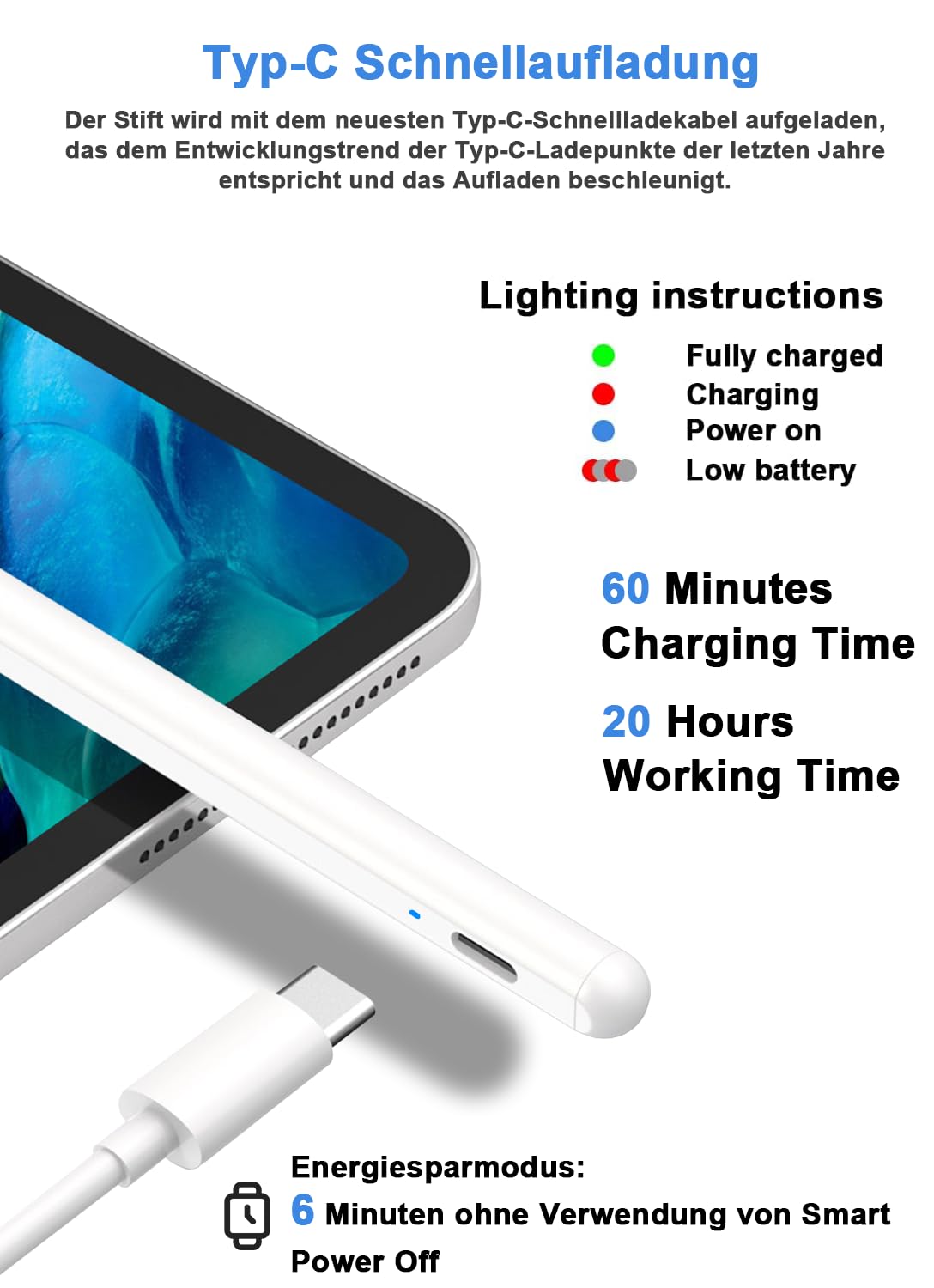 Stylet Magnétique Universel Avec écran De Batterie - Compatible IOS Et Android - 2 Pointes De Rechange, Charge USB-C