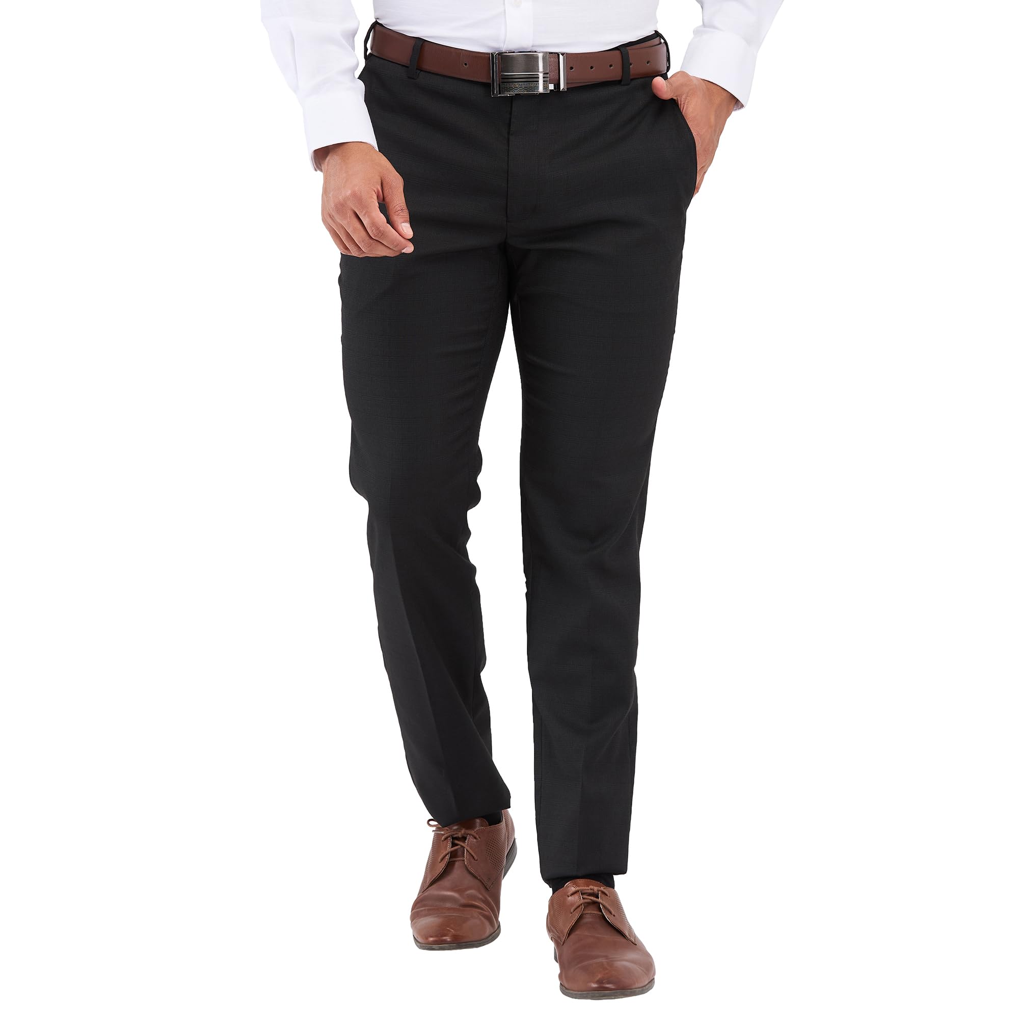 Men Slim Fit Checks Pattern Poly Viscose Blend Flat Front Formal Trouser