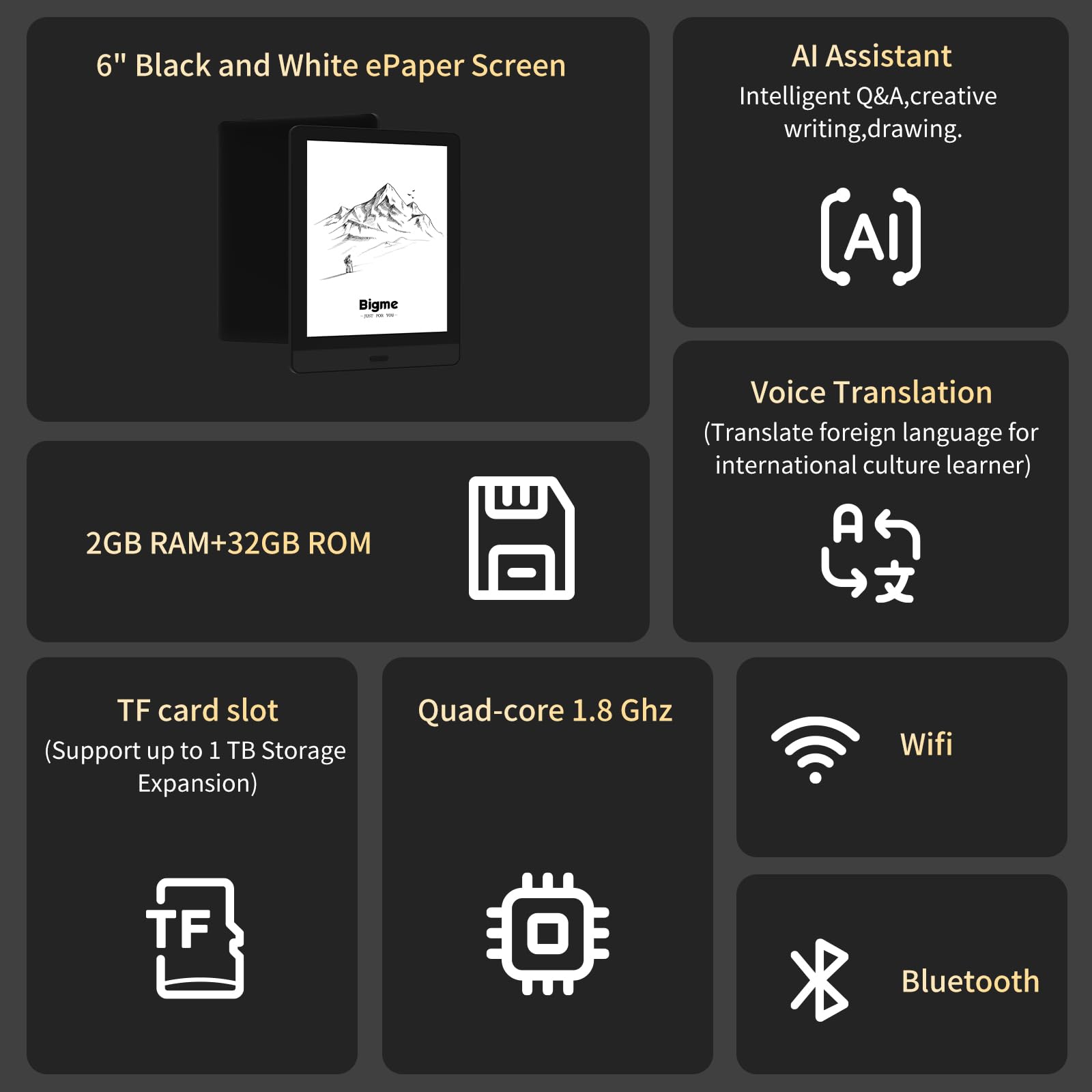 Bigme Czytnik e-booków, wyświetlacz E-Ink 15,24 cm, 10+ narzędzi do czytania, Quad-Core 1,8 GHz, Wi-Fi, Bluetooth, rozszerzenie pamięci 1 TB, czarny