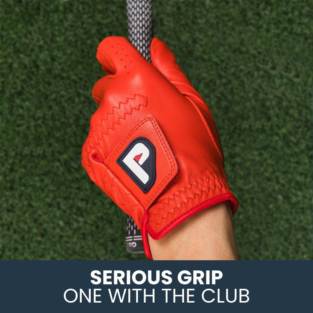 PUR3 Lot de 3 gants de golf en cuir Cabretta ultra doux pour homme (rouge, bleu et blanc), avec marqueur de balle pour golfeurs droitiers et gauchers