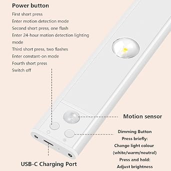 LED Dolap Hareket Sensörlü Duvar Lambası Kısılabilir Duvar Lambası 2700 K / 4500 K / 6500 K USB Şarj Edilebilir Duvar Lambası Dolap Mutfak Dolabı için Duvar Aydınlatması (Beyaz, 20 cm) [Enerji Sınıfı A+++]