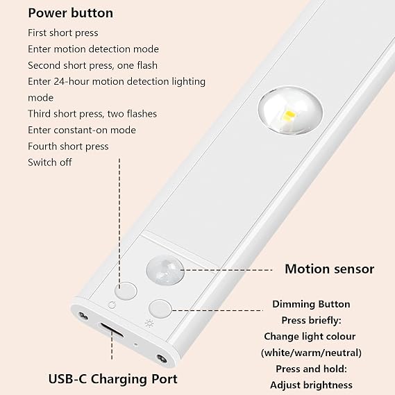 LED Dolap Hareket Sensörlü Duvar Lambası Kısılabilir Duvar Lambası 2700 K / 4500 K / 6500 K USB Şarj Edilebilir Duvar Lambası Dolap Mutfak Dolabı için Duvar Aydınlatması (Beyaz, 20 cm) [Enerji Sınıfı A+++]