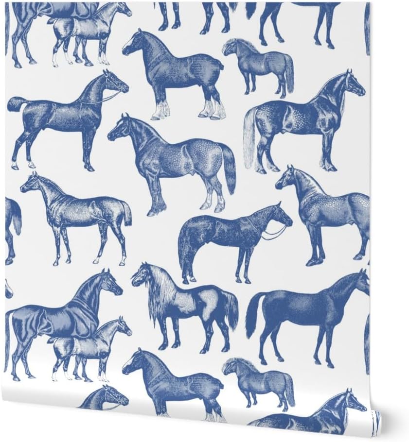 Peel & Stick Wallpaper 6ft x 2ft - Blue Horse Pattern Navy White Equestrian Farmhouse Horses Classic Fox Custom Removable Wallpaper by Spoonflower