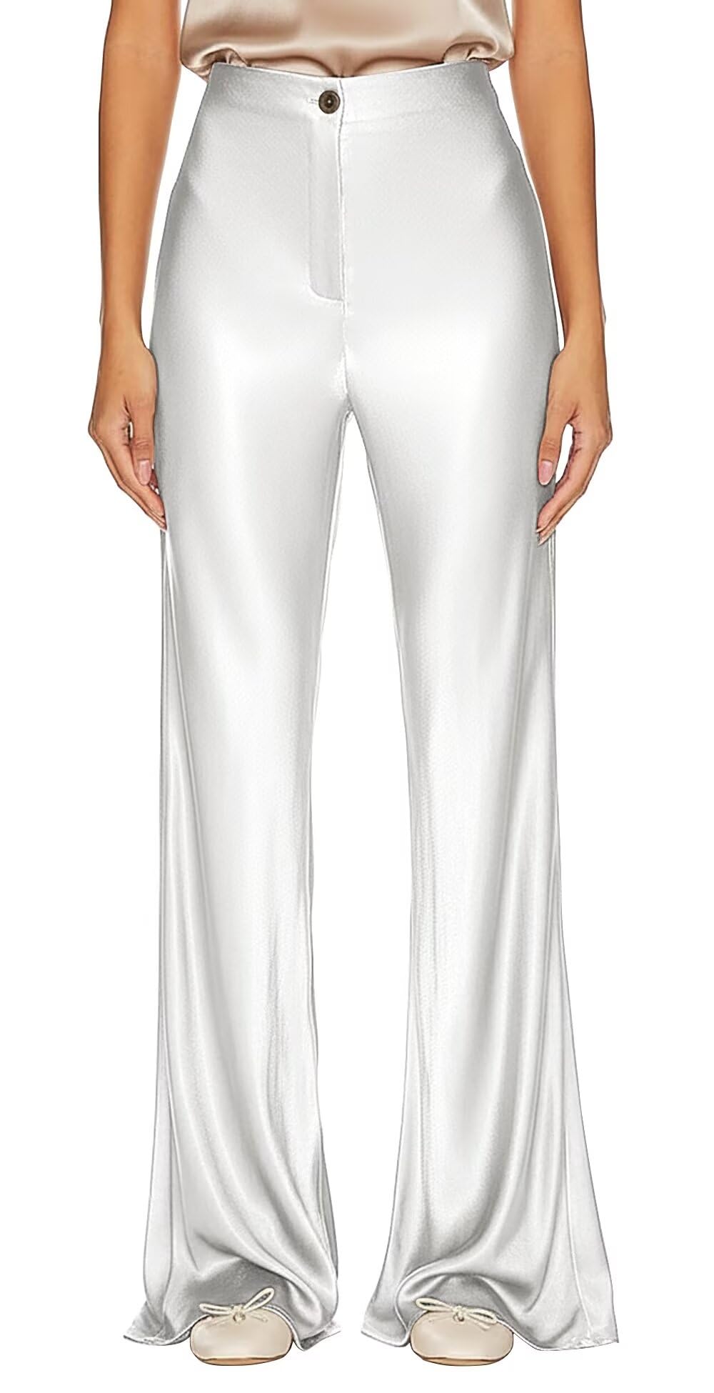 Satin Pants Women Casual High Waisted Wide Leg Dress Pants for Women Dressy Flat Front Flare Trousers
