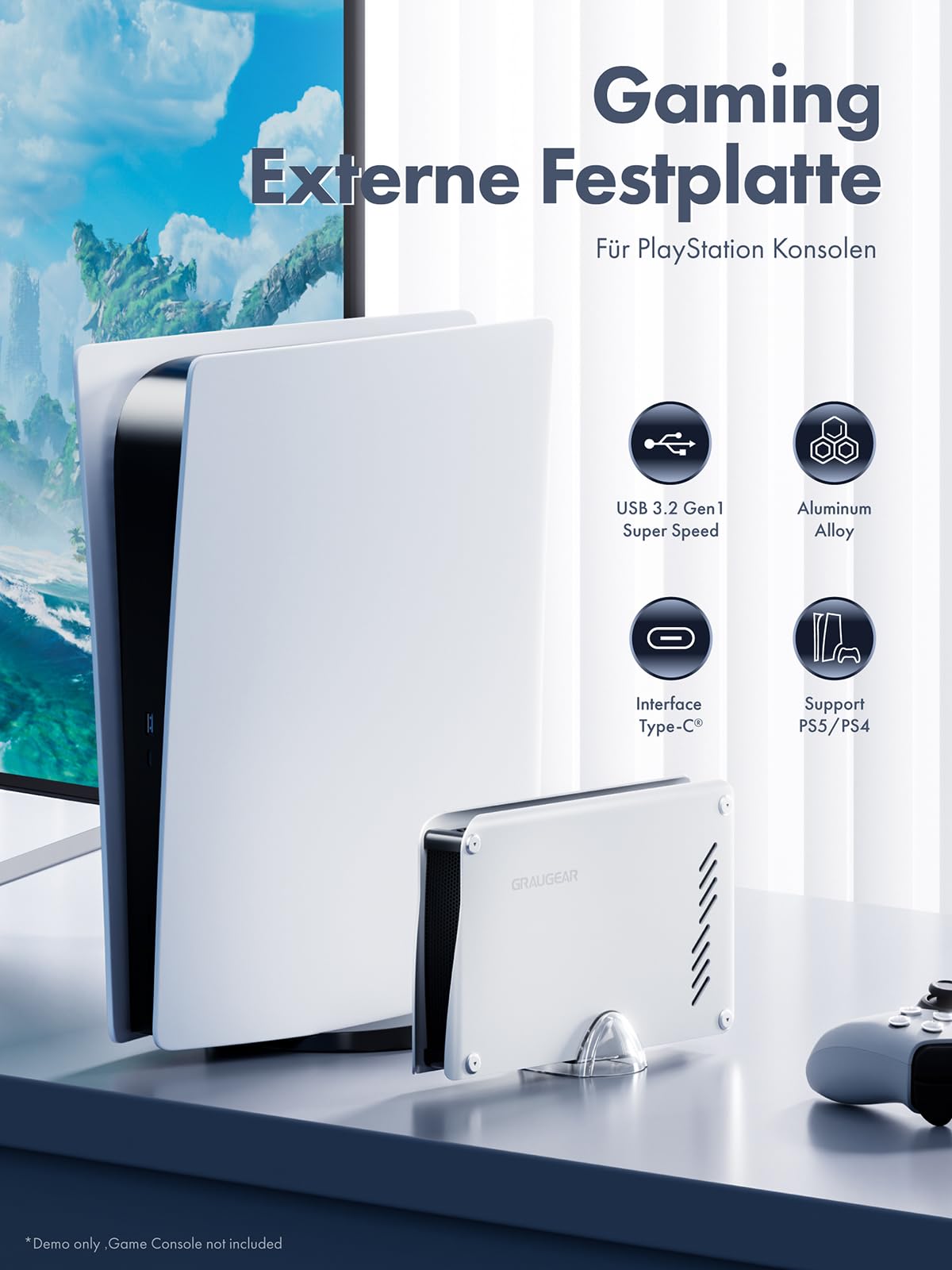 GRAUGEAR Disco rigido esterno da 8 TB in alluminio per PS5, PS5 Slim & Pro HDD da 3,5 pollici, formattato per PS5/PS4, ideale per giochi e spazio di archiviazione