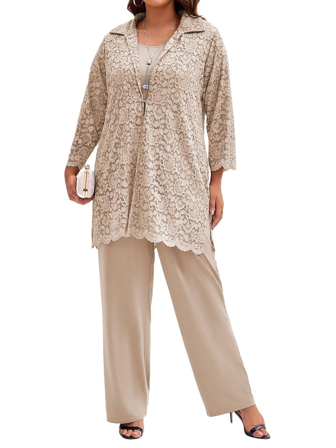 3 Pieces Mother of The Bride Pant Suits Lace Formal Pantsuits for Wedding Guest Groom Outfit Sets Long