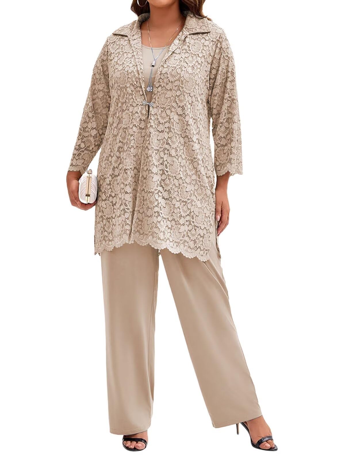 3 Pieces Mother of The Bride Pant Suits Lace Formal Pantsuits for Wedding Guest Groom Outfit Sets Long