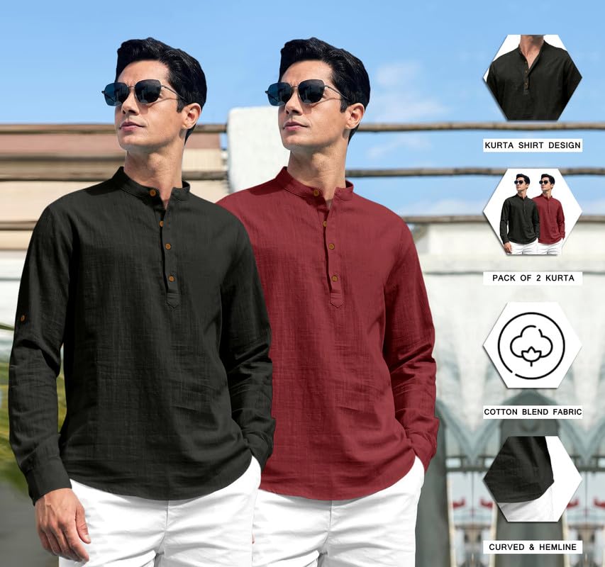 Image of ROYALSCOUT Combo of Men's Solid Cotton Blend Full Sleeve Straight Kurta Shirt (Pack of 2)