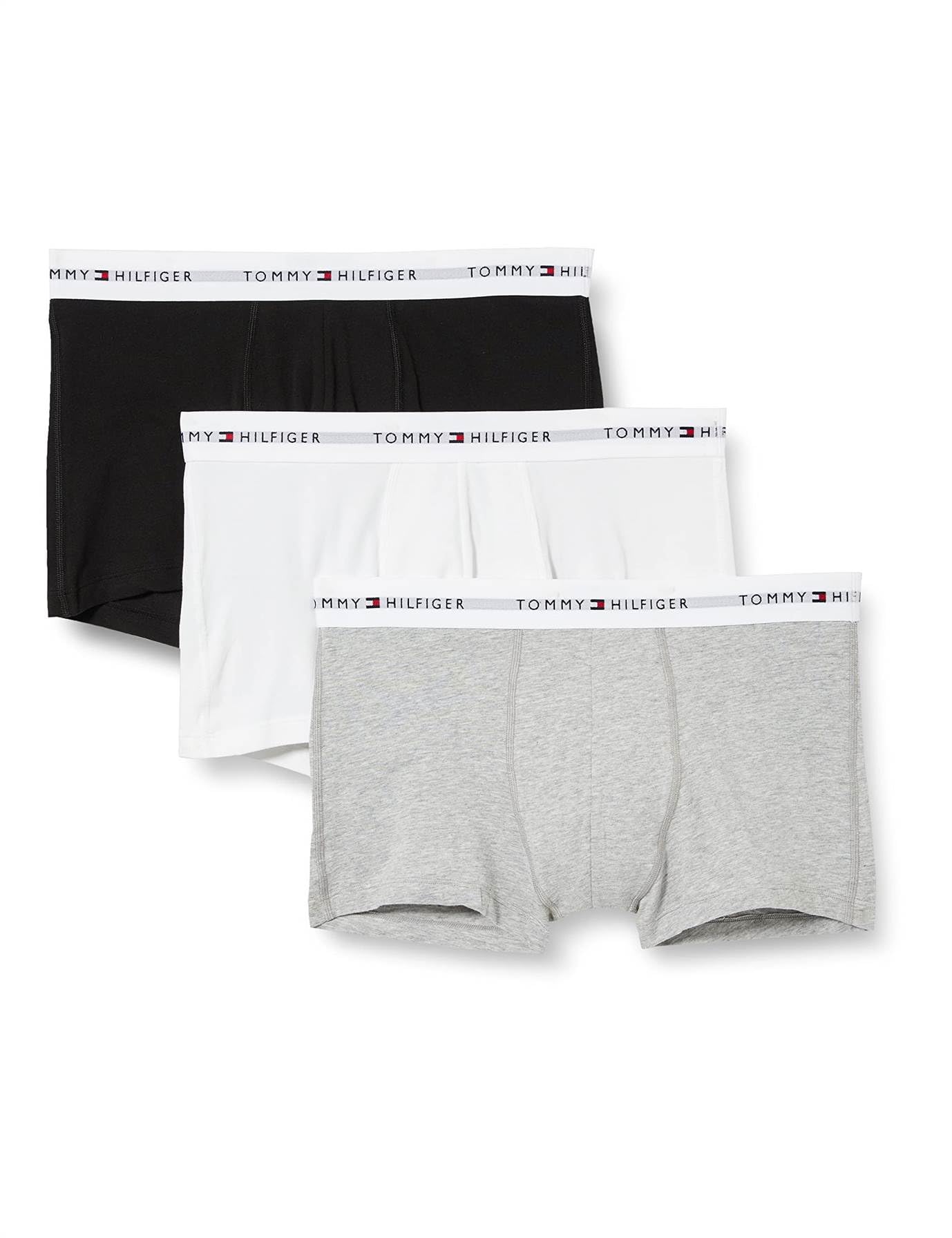Tommy Hilfiger Men’s 3 Pack Trunks with Logo Waistband, Multicolor (Grey Heather/Black/White), L