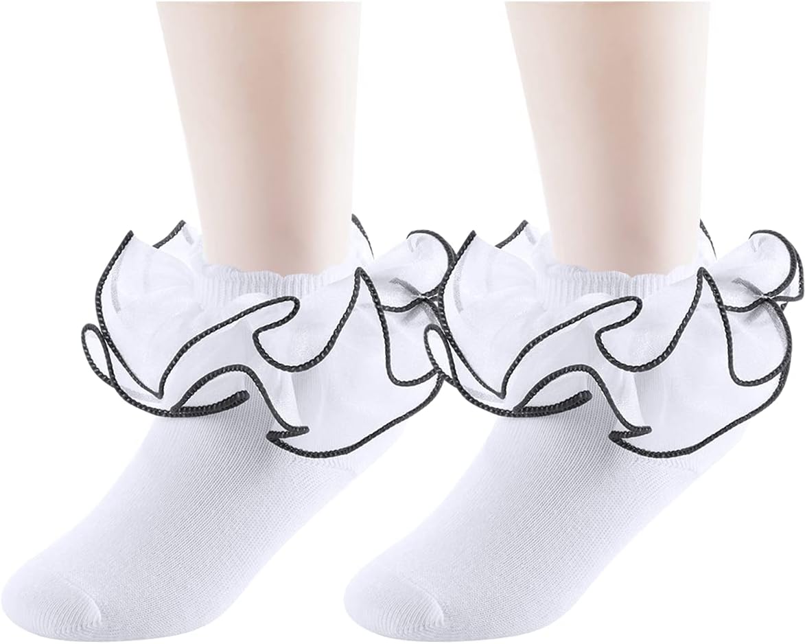 Big Girls Lace Socks Shimmering Cute Ruffle Comfortable Frilly Dress Ankle Socks 3 Pairs - Image 2