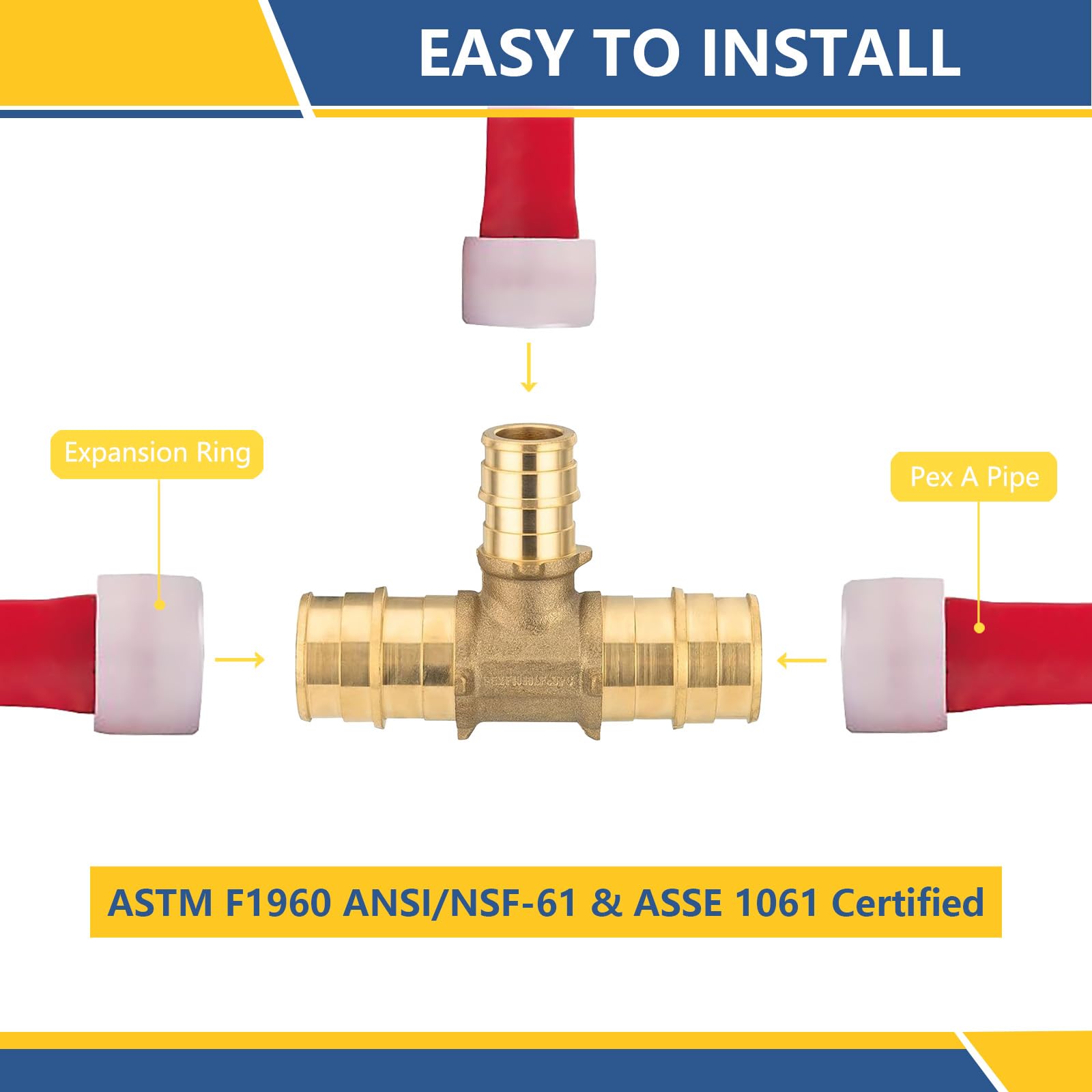 Accesorios de expansión PEX-A de 3/4 x 3/4 x 1/2 pulgadas, T de latón F1960, accesorios de expansión PEX para tubos Pex A (paquete de 10) (PEX1960120)