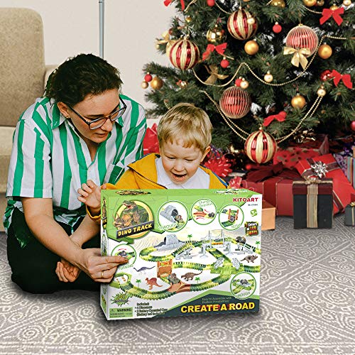 KITOART Dinosaur Toys-258 Pcs Create A Dinosaur World Road Race, Dinosaur Race Track-Flexible Assembly of Various Track Devices & 2 Cool Dinosaur Car, Best Gift for Kids-3 4 5 6 Year Old Boys Girls