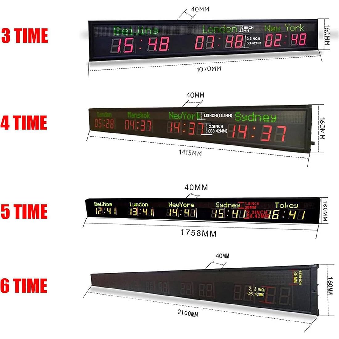 Orologio Mondiale Digitale a LED con Display Multi-Fuso Orario,Regolazione della Luminosità a 5 Livelli,Orologio da Parete con Ora Mondiale per Uffici Multinazionali,Hotel 5TimeZone