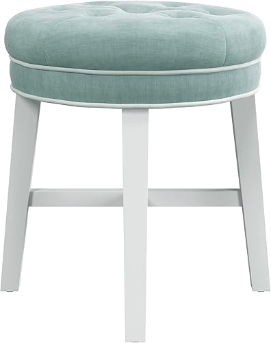 Miniatura 9 de Hillsdale, Sophia Taburete redondo de madera capitoné y tapizado sin espalda para sala de maquillaje o baño, color azul spa