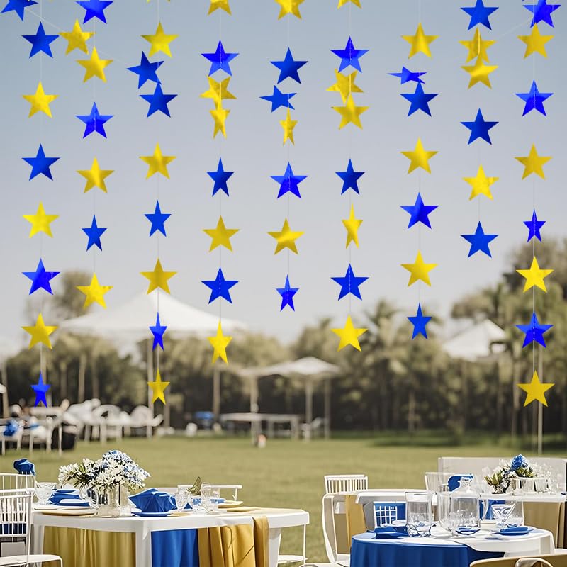 Image of Blue Gold Shining Star Hanging Garland Blue Gold Hanging Sparkling Star Streamer Glitter Bunting Banner Twinkle Backdrop for Wedding Baby Shower Birthday Christmas Decorations 40 Feet