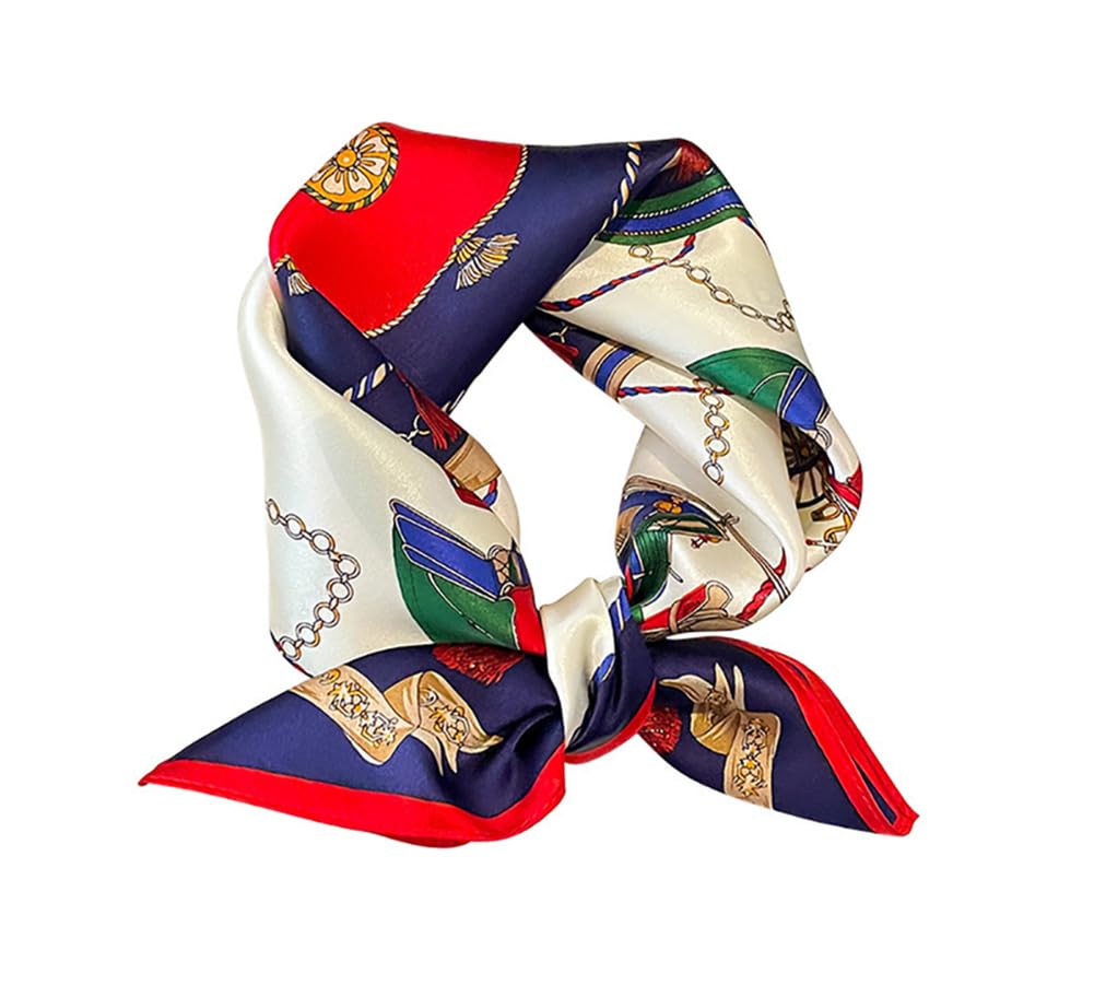 JERLA100% Mulberry Silk Neck Scarf 21"x21" Small Square Scarfs for Women Gift Packed (Carriage navy and red)