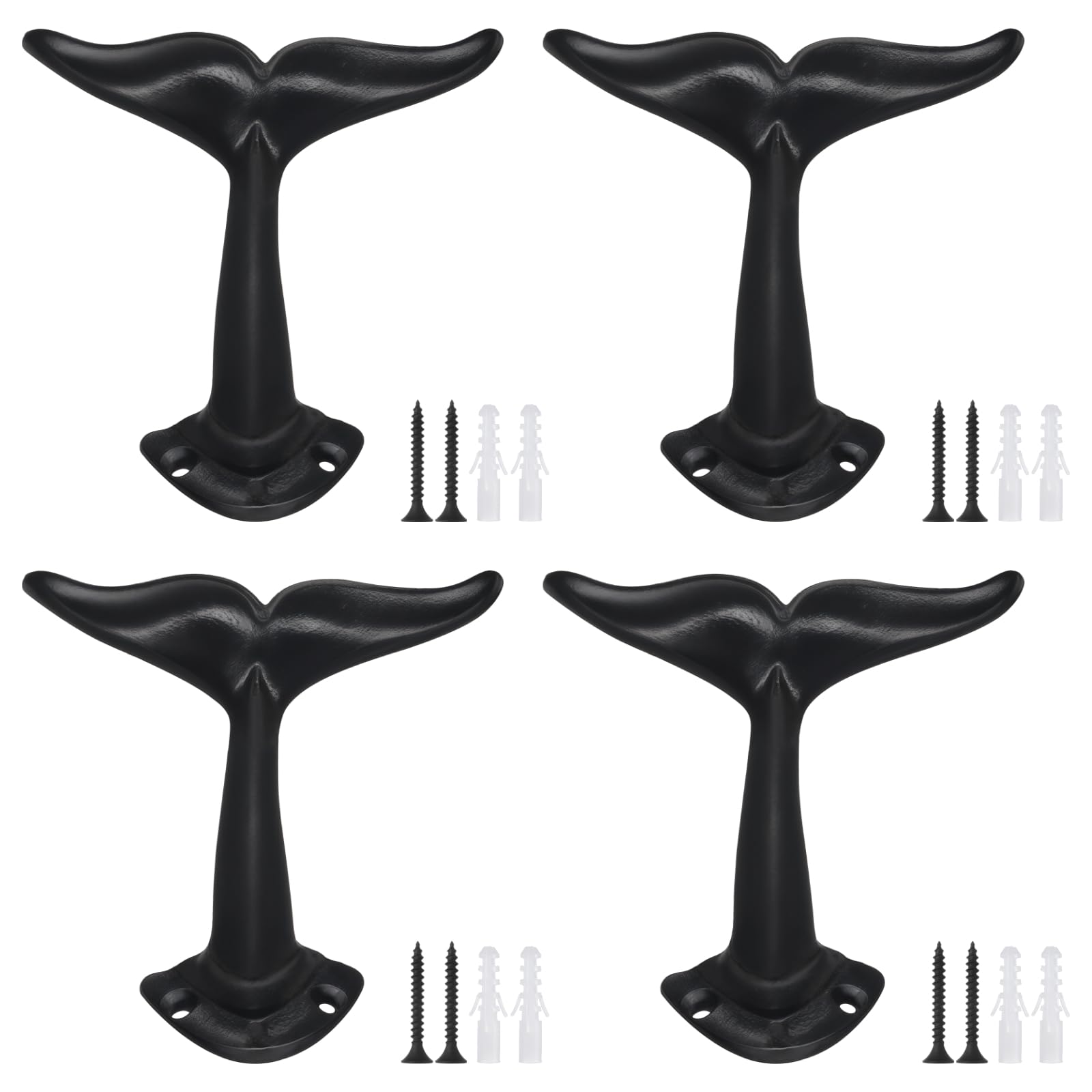 4 Pcs Whale Tail Wall Hooks, Decorative Nautical Coat Hooks Heavy Duty, Ocean Theme Wall Mount Hangers with Mounting Hardware