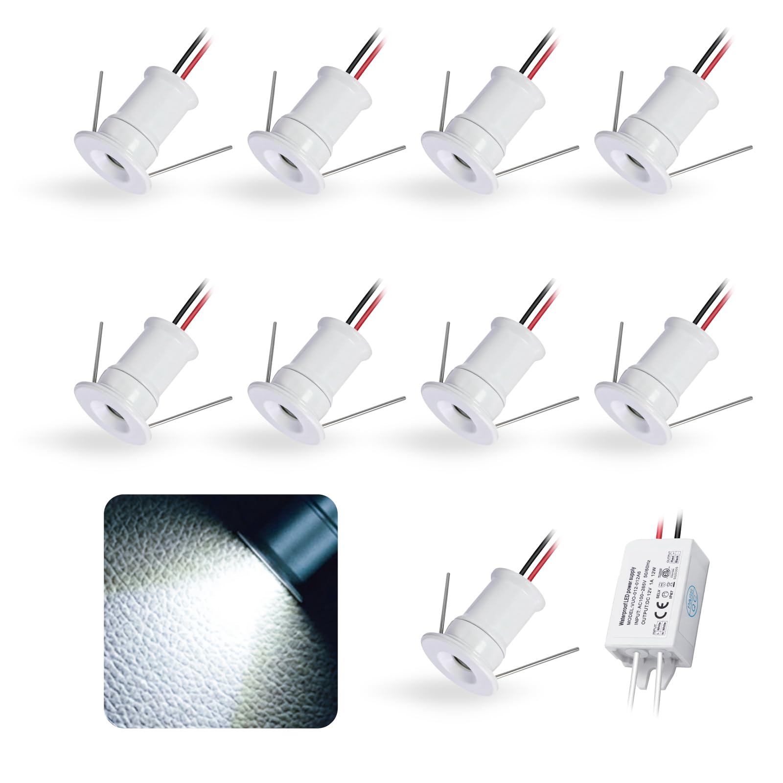 kpslucerna 9Stk. Mini-LED-Scheinwerfer 12V 1W, IP65 Wasserdicht 15mm Einbau-Scheinwerfer Decke für Vitrinen, Innengebrauch Küche Treppen Schränke Flure Beleuchtung für Bilder Wand(Weiß Kalt 30°)