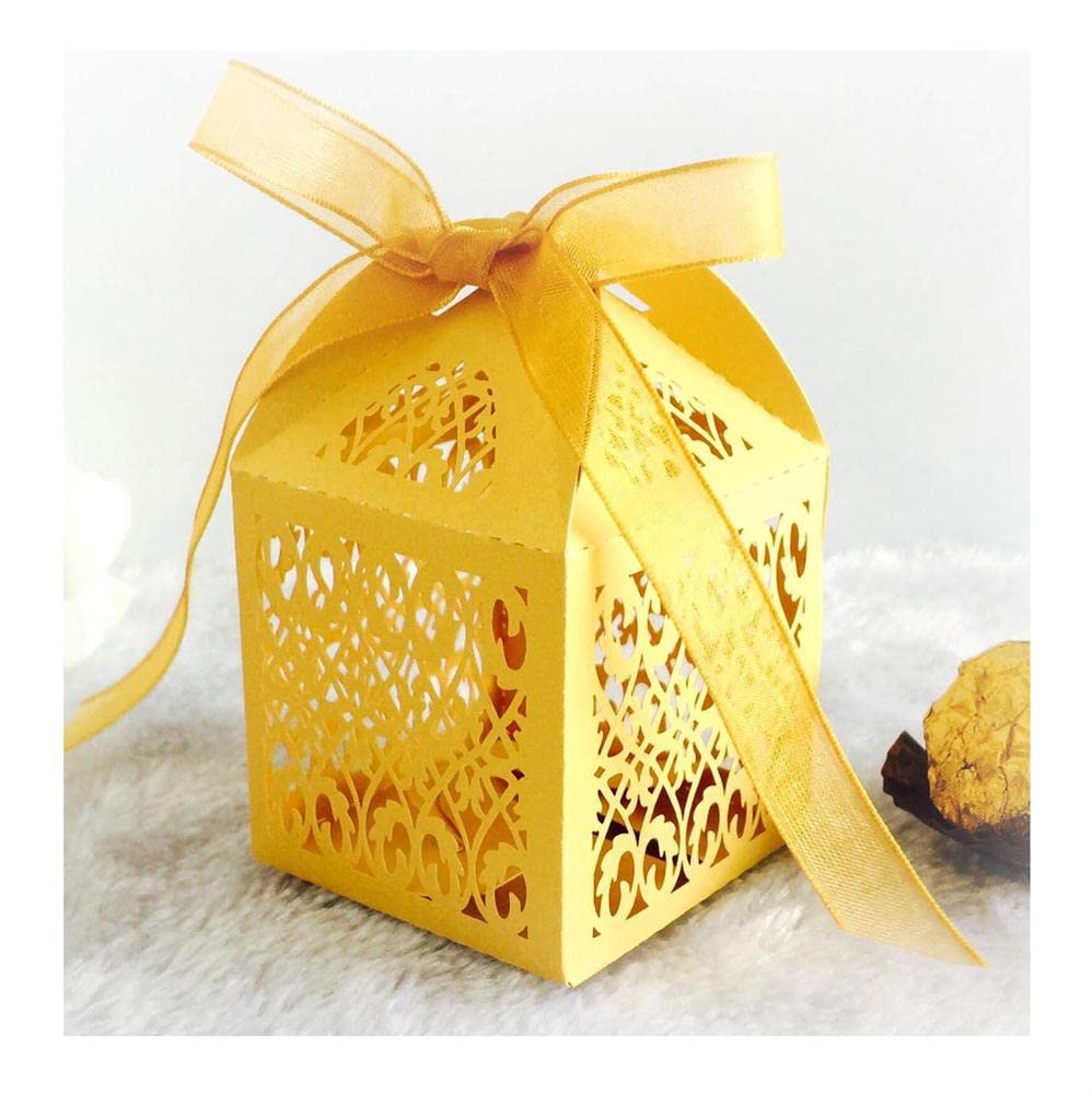 Jilibaba Wedding Favour Boxes Hollowed Cross Pattern Candy Boxes with Ribbons Gift Box for Guest Birthday Party Wedding Gold 50PCS