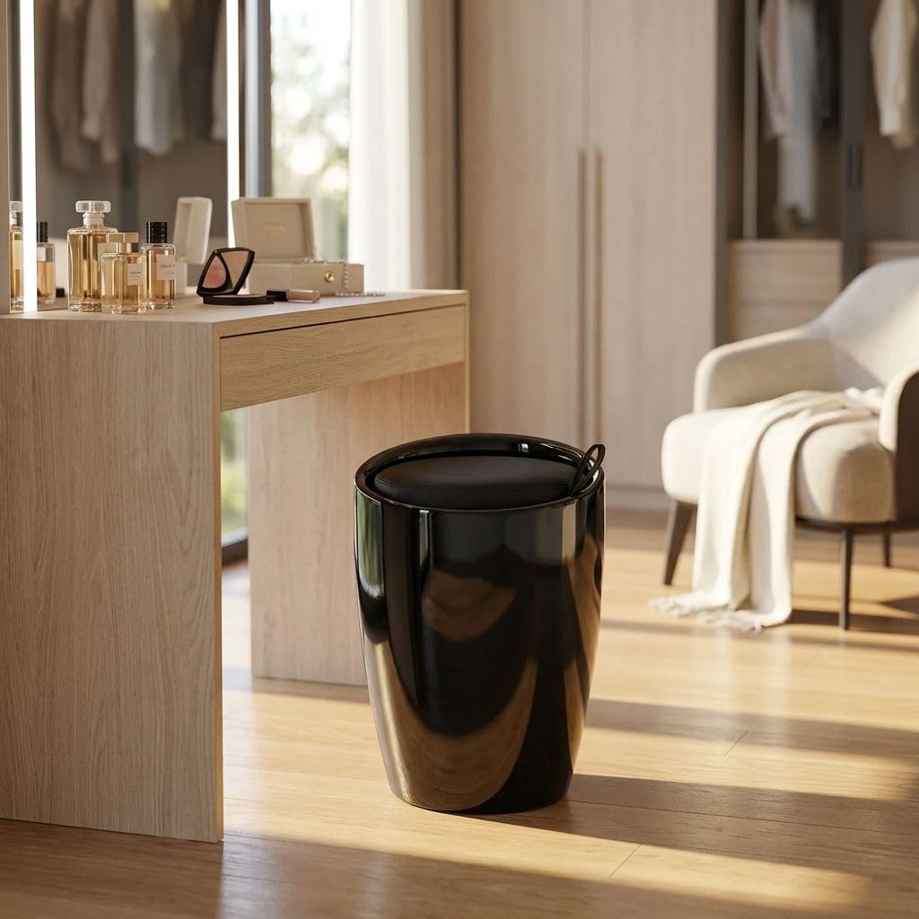 milani home Sgabello Pouf Contenitore in plastica con Cuscino Colore Nero