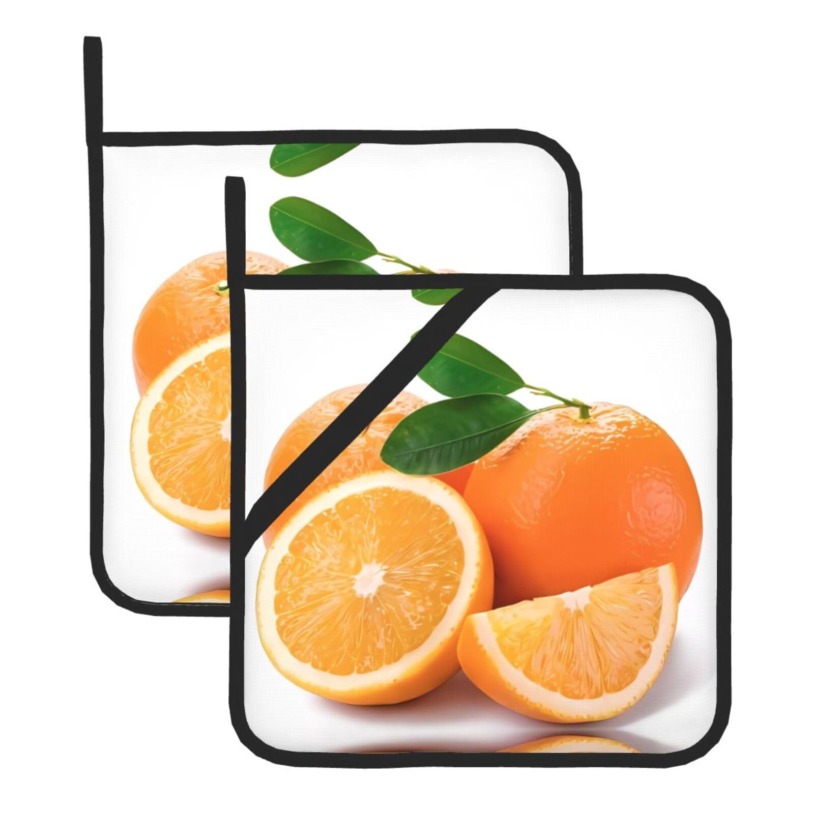 YYHWHJDE Orange Prints Square Hot Pads for Kitchen Counter - Waterproof Pot Holders with Hanging Loop, Durable Trivets for Microwave Oven - 2 Pack