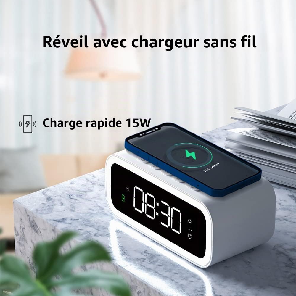 Réveil avec chargeur sans fil, radio réveil avec chargeur USB