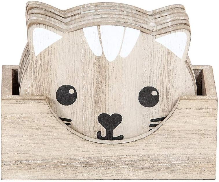 SPOTTED DOG GIFT COMPANY Drink Coasters Set of 6 Wooden Cat Coasters with Holder for Drinks, Cups and Mugs, Cute Themed Home Decor Kitchen Gifts for Cat Lovers Women Men Kids (Natural)