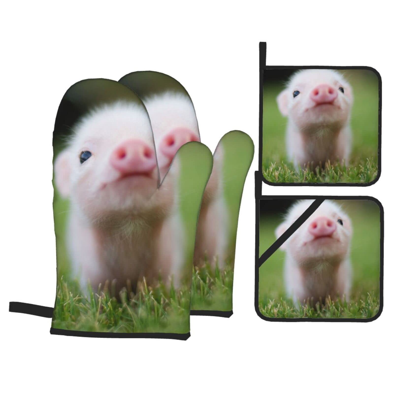 Baby Pig Print Kitchen Baking Four Piece Set of Heat Resistant Thick Cotton Oven Mitts for Cooking, Baking and Grilling