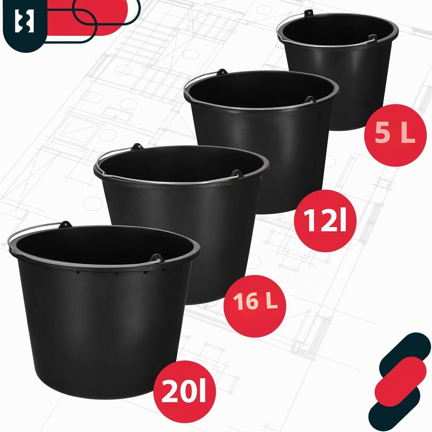 KOTARBAU® Jeu de 20 Seaux de Construction 16l Seau à plâtre Seau à mortier Seau à Ciment Seau à Eau Seau de Jardin Seau en Plastique Noir