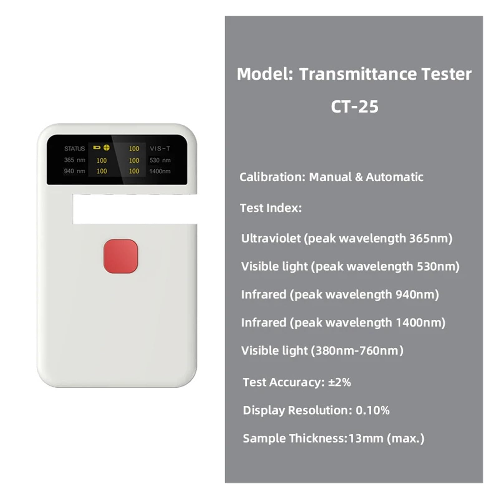 Przenośny tester przepuszczalności CT-25,UV,VL,miernik transmisji IR,365nm/530nm/1400nm,do folii słonecznej,okularów optycznych,okna samochodu