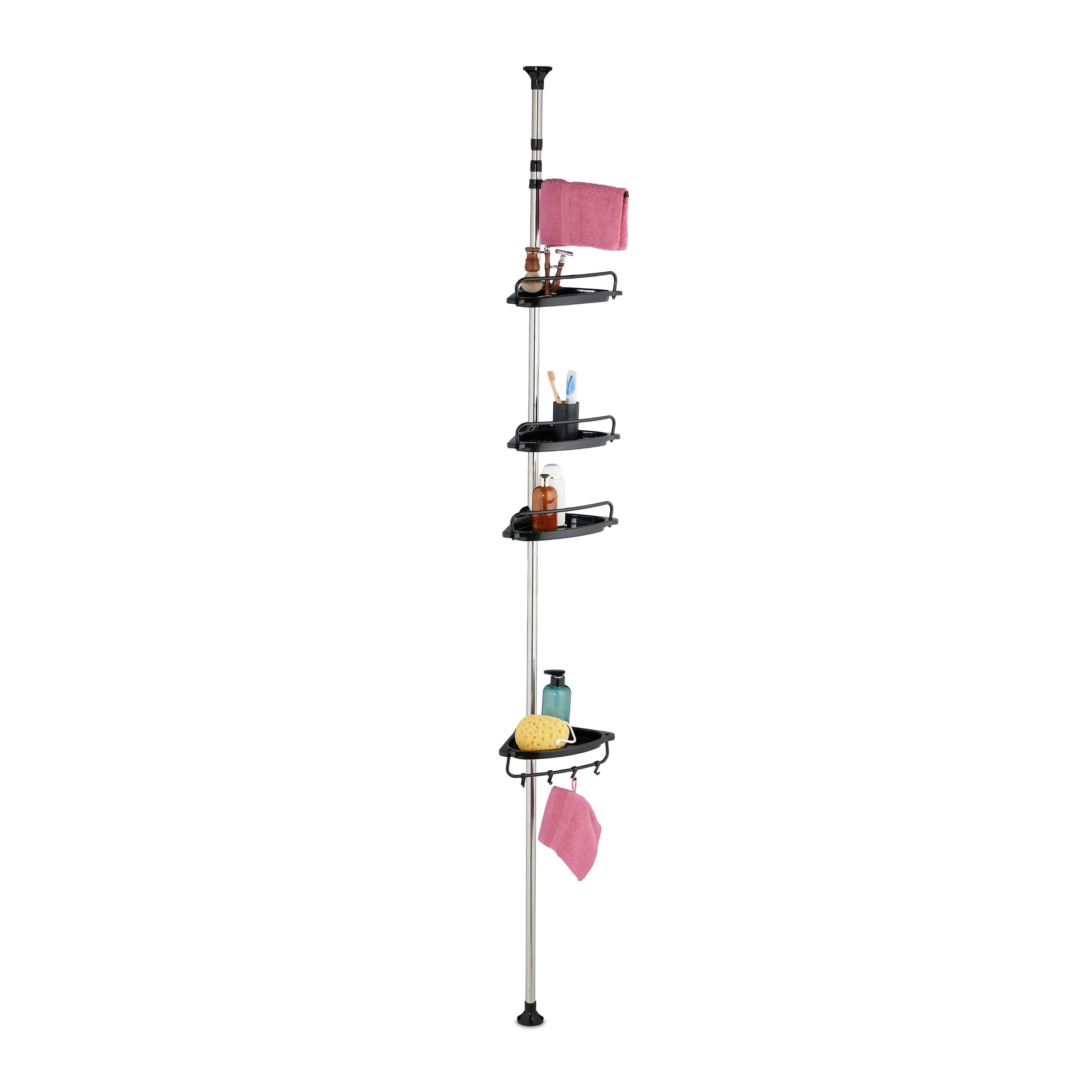 Relaxdays Estantería Ducha Telescópica, Alto 99–311 cm, Rinconera Baño sin Taladro, 4 Baldas, Esquinera, Toallero, Negro