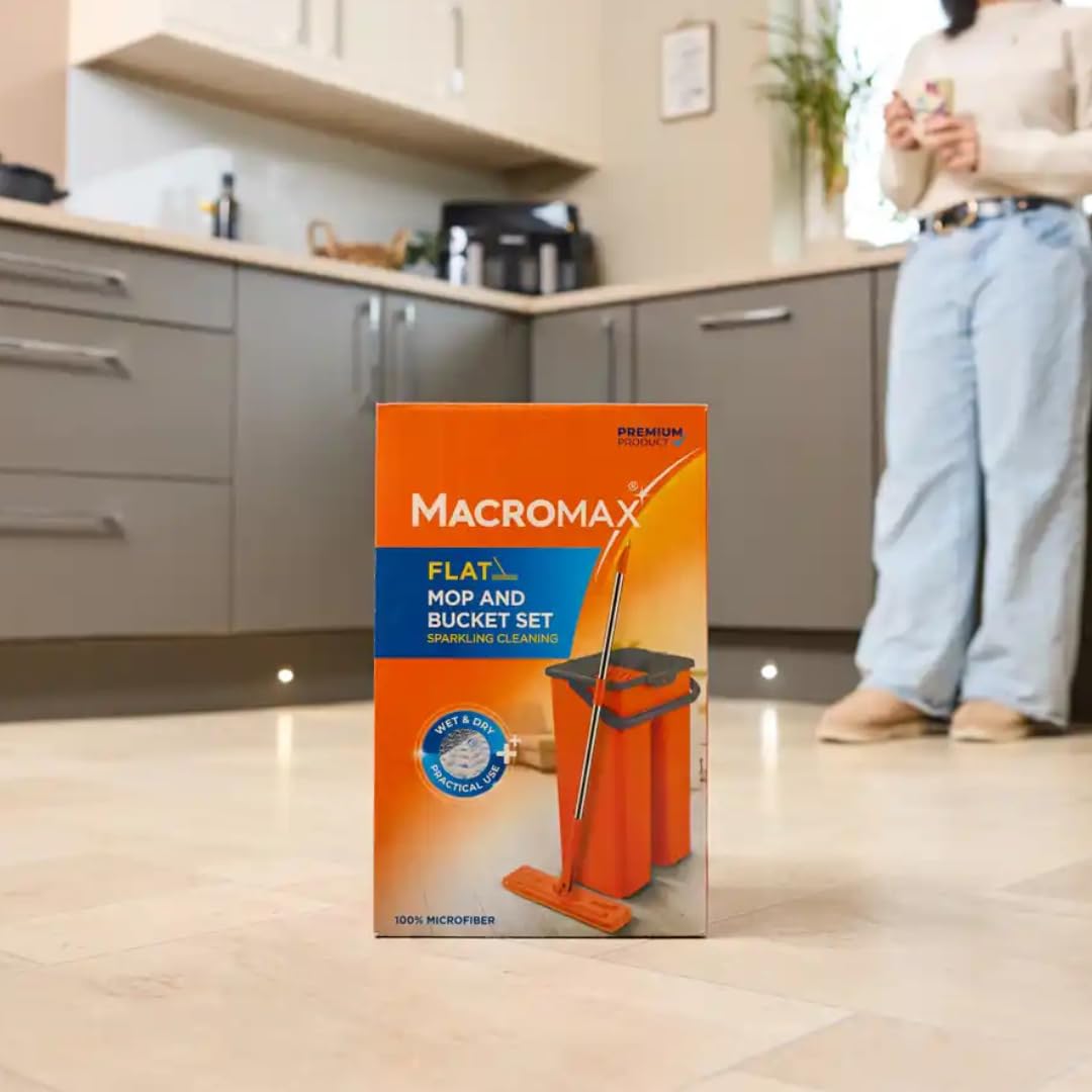 Macromax Aqua Revolution - Juego de fregona Plana y Cubo, con Capacidad de 8 litros, Limpieza en húmedo y seco, Cabezales de fregona de Microfibra Lavables y reemplazos, Mango Giratorio de 180°, mopa