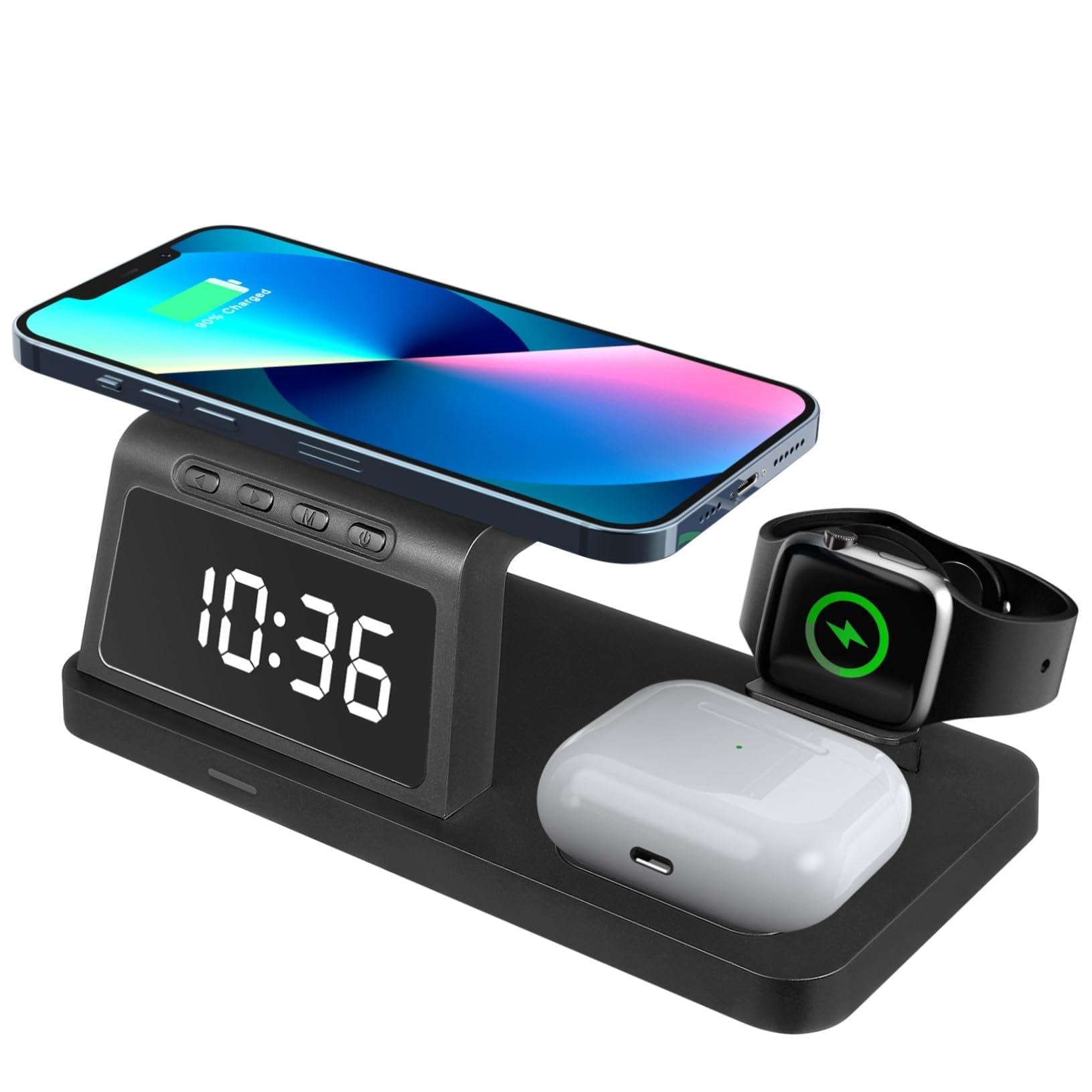BESPORTBLE Station de Charge sans Fil Compatible avec Apple Watch Plupart des Téléphones et Écouteurs avec Horloge Numérique Intégrée