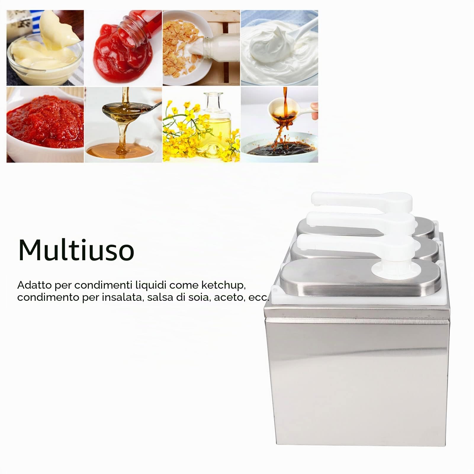 Dispenser Condimento Acciaio Inossidabile 1L per Marmellata Insalata con 3 Pompe